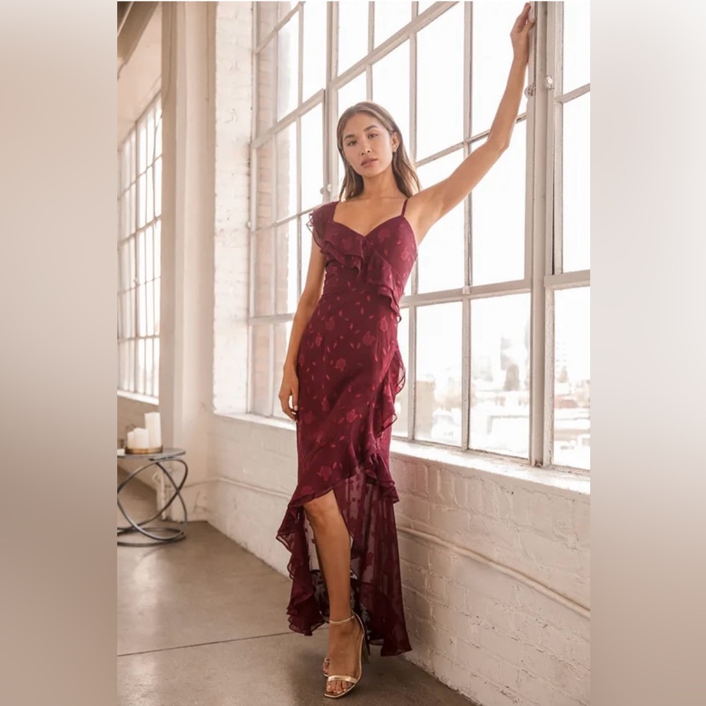 Lulus Burgundy Floral Jacquard Ruffled Maxi Dress